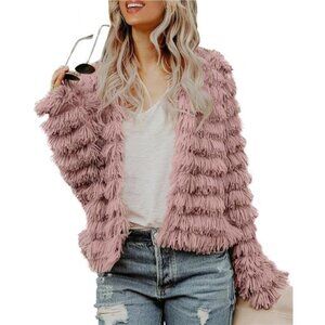 Women’s Open Front Faux Fur Cardigan Pink Cozy Vintage Shaggy Fall Coat